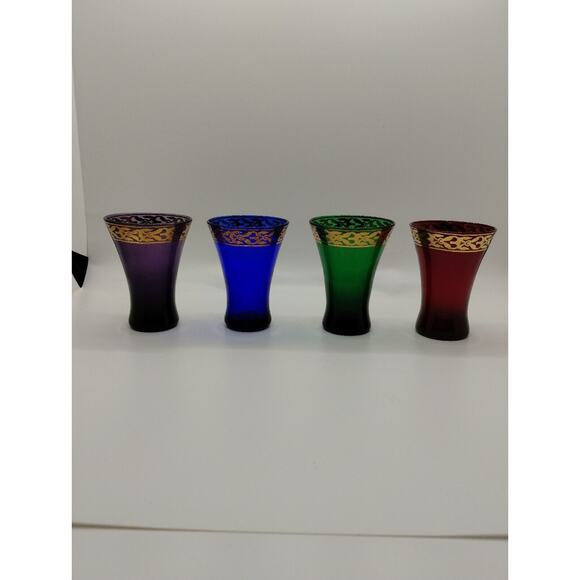 Set of 4 Pier One - Victorian 3" Gold Trim Multicolor Glass Shot Glasses - Picture 3 of 4
